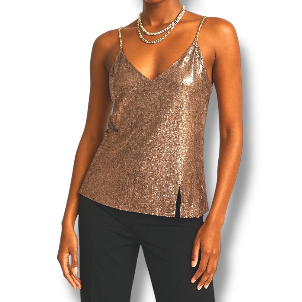 NWT Bebe Women's XS Rose Gold Sequin Top Sleeveless Y2K Festival Glam NYE Club